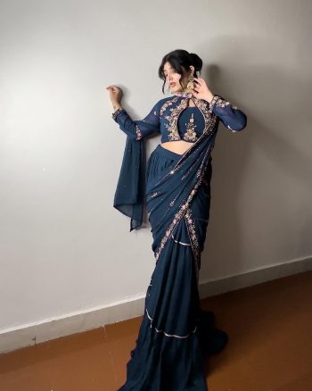 FANCY GEORGETTE RUFFLE EMBROIDERY MIRROR WORK LEHENGA SAREE WITH READY TO WEAR BLOUSE TEAL