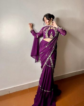 FANCY GEORGETTE RUFFLE EMBROIDERY MIRROR WORK LEHENGA SAREE WITH READY TO WEAR BLOUSE WINE