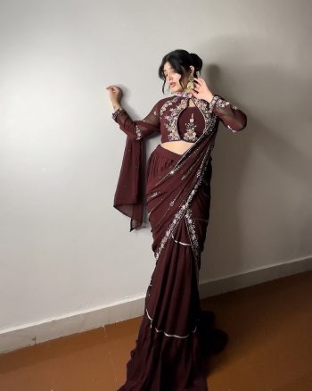 FANCY GEORGETTE RUFFLE EMBROIDERY MIRROR WORK LEHENGA SAREE WITH READY TO WEAR BLOUSE MAROON
