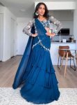 FANCY GEORGETTE THREAD SEQUENCE LACE WORK LEHENGA SAREE WITH UNSTITCHED BLOUSE TEAL