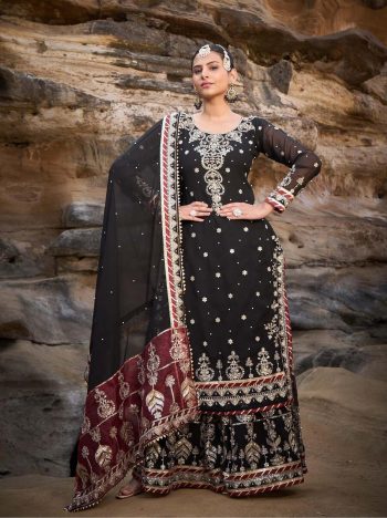 FANCY GEORGETTE THREAD SEQUENCE MOTI WORK TOP SHARARA WITH DUPATTA BLACK