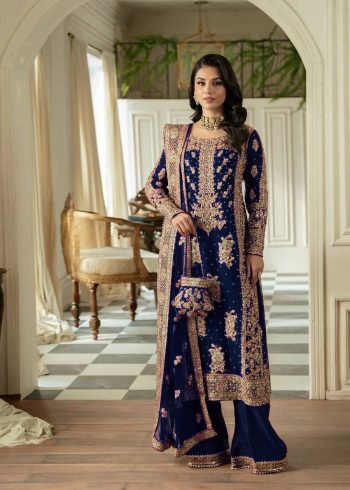 FANCY GEORGETTE  THREAD SEQUENCE  PEARL WORK  TOP BOTTOM WITH DUPATTA BLUE