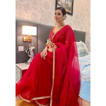 FANCY ORGANZA SILK THREAD SEQUENCE WORK SAREE WITH UNSTITCHED BLOUSE RED