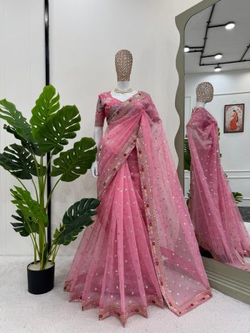 FANCY ORGANZA THREAD SEQUENCE WORK SAREE WITH UNSTITCHED BLOUSE PINK