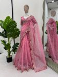 FANCY ORGANZA THREAD SEQUENCE WORK SAREE WITH UNSTITCHED BLOUSE PARTY WEAR WHOLESALE PRICE ETHNIC GARMENT (6)