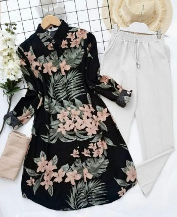FANCY RAYON DIGITAL PRINTED KURTI WITH PALAZZO BLACK