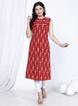 FANCY RAYON DIGITAL PRINTED SLEEVE LESS ONLY KURTI RED