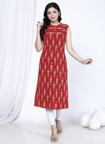 FANCY RAYON DIGITAL PRINTED SLEEVE LESS ONLY KURTI RED