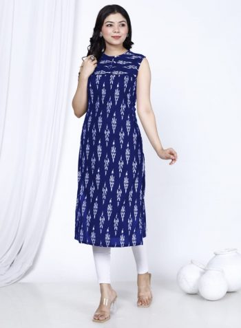 FANCY RAYON DIGITAL PRINTED SLEEVE LESS ONLY KURTI BLUE