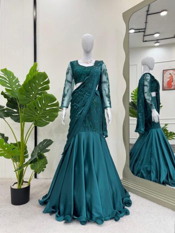 FANCY SATIN THREAD SEQUENCE WORK LEHENGA SAREE WITH UNSTITCHED BLOUSE GREEN