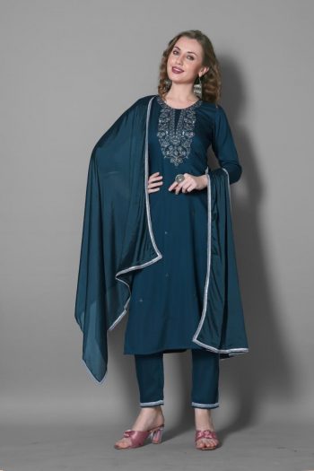 FANCY SILK BLEND EMBROIDERY WORK TOP BOTTOM WITH DUPATTA  TEAL