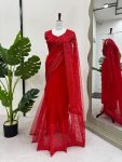 FANCY SOFT NET THREAD SEQUENCE WORK SAREE WITH UNSTITCHED BLOUSE RED