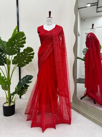 FANCY SOFT NET THREAD SEQUENCE WORK SAREE WITH UNSTITCHED BLOUSE RED