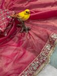 FANCY TISSUE SILK EMBROIDERY SEQUENCE MIRROR MOTI LACE BORDER WORK SAREE WITH UNSTITCHED BLOUSE PARTY WEAR WHOLESALE PRICE ETHNIC GARMENT (7)