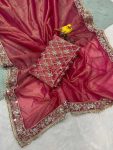 FANCY TISSUE SILK EMBROIDERY SEQUENCE MIRROR MOTI LACE BORDER WORK SAREE WITH UNSTITCHED BLOUSE PARTY WEAR WHOLESALE PRICE ETHNIC GARMENT (7)