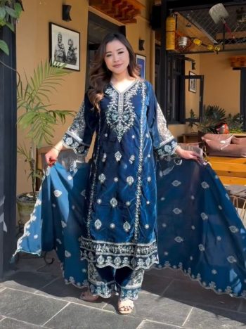 FANCY VELVET EMBROIDREY SEQUENCE WORK TOP BOTTOM WITH DUPATTA BLUE