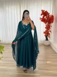 FASHIONABLE BLACK RANGOLI GEORGETTE EMBROIDERY NECK DESIGNER GOWN WITH DUPATTA GREEN