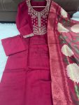 FASHIONABLE CHANDERI SILK EMBROIDREY SEQUENCE WORK TOP BOTTOM WITH DUPATTA PARTY WEAR WHOLESALE PRICE ETHNIC GARMENT (4)