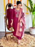 FASHIONABLE CHANDERI SILK EMBROIDREY SEQUENCE WORK TOP BOTTOM WITH DUPATTA RANI