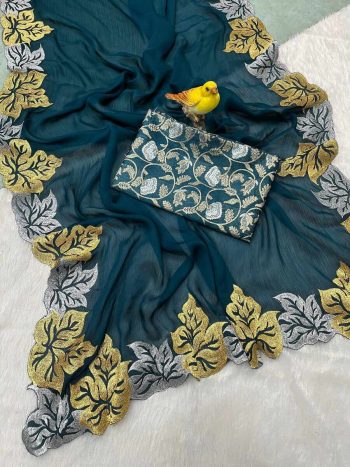 FASHIONABLE CHIFFON EMBROIDERY THREAD WORK SAREE WITH UNSTITCHED BLOUSE  TEAL