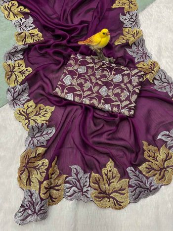 FASHIONABLE CHIFFON EMBROIDERY THREAD WORK SAREE WITH UNSTITCHED BLOUSE WINE