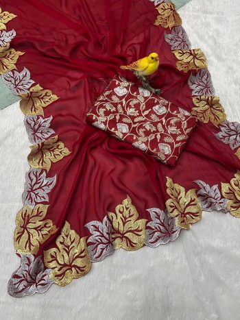 FASHIONABLE CHIFFON EMBROIDERY THREAD WORK SAREE WITH UNSTITCHED BLOUSE  MAROON
