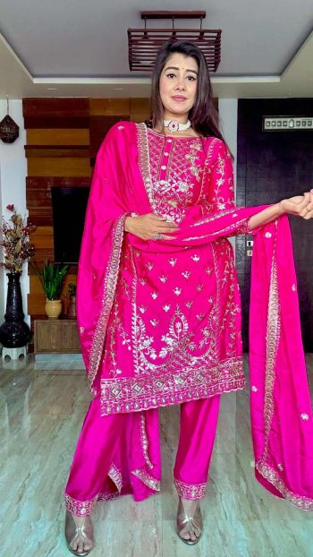 FASHIONABLE CHINON SILK EMBROIDREY SEQUENCE WORK TOP BOTTOM WITH DUPATTA RANI
