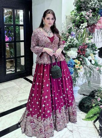 FASHIONABLE CHINON SILK THREAD ZARI EMBROIDERY WORK GOWN WITH KOTI WINE