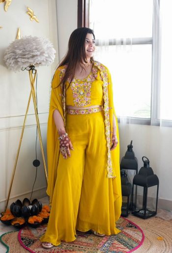 FASHIONABLE CHINON THREAD SEQUENCE WORK PALAZZO BLOUSE WITH SHRUG YELLOW
