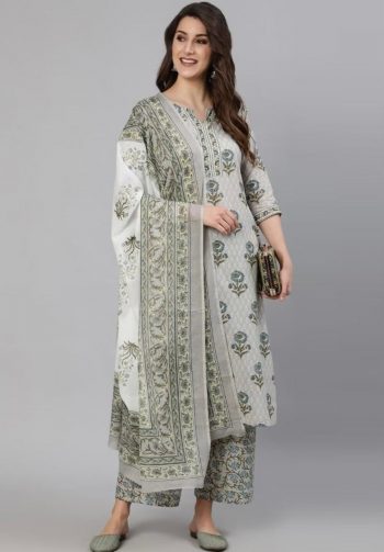 FASHIONABLE COTTON BLEND PRINTED TOP BOTTOM WITH DUPATTA OFF WHITE