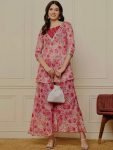 FASHIONABLE CRUSH GEORGETTE DIGITAL PRINTED MIRROR WORK TOP BLOUSE WITH PALAZZO PINK