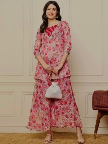 FASHIONABLE CRUSH GEORGETTE DIGITAL PRINTED MIRROR WORK TOP BLOUSE WITH PALAZZO PINK