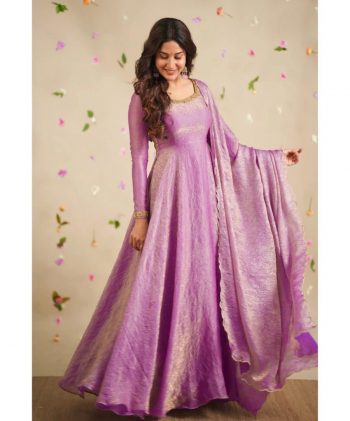 FASHIONABLE CRUSH SILK EMBROIDERY SEQUENCE WORK GOWN BOTTOM WITH DUPATTA LAVENDER