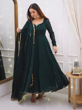 FASHIONABLE GEORGETTE LACE AND HAND WORK FLAIRED GOWN BOTTOM WITH DUPATTA GREEN
