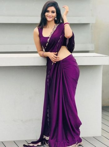 FASHIONABLE JIMMY CHOO EMBROIDERY SEQUENCE LACE BORDER  WORK SAREE WITH UNSTITCHED BLOUSE WINE