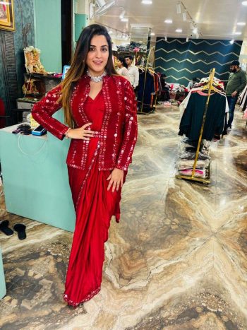 FASHIONABLE SATIN SILK MULTI THREAD EMBROIDERY SEQUENCE WORK 1 MINUTE SAREE STITCHED BLOUSE WITH JACKET AND BELT RED