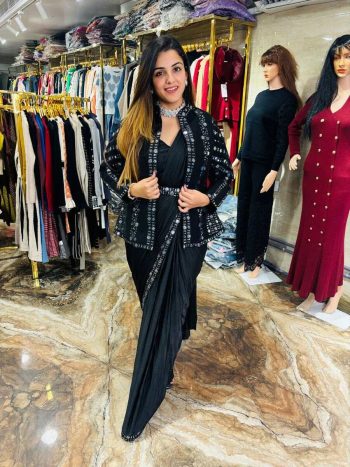 FASHIONABLE SATIN SILK MULTI THREAD EMBROIDERY SEQUENCE WORK 1 MINUTE SAREE STITCHED BLOUSE WITH JACKET AND BELT BLACK
