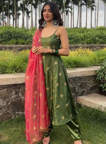 FASHIONABLE SOFT GOLD SHINED EMBROIDERY SEQUENCE WORK TOP BOTTOM WITH DUPATTA  GREEN