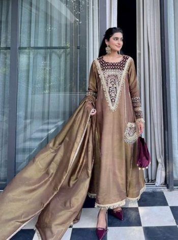 FASHIONABLE TWILL NET EMBROIDERY SEQUENCE WITH SAMOSA LACE WORK GOWN BOTTOM WITH DUPATTA CHIKU