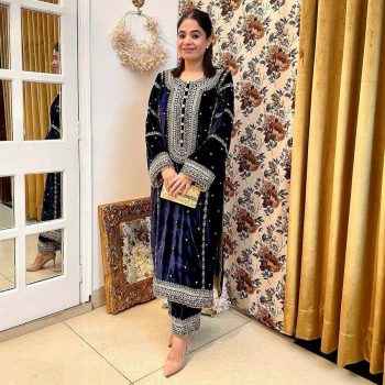 FASHIONABLE VELVET EMBROIDERY HAND WORK TOP PALAZZO WITH DUPATTA BLUE