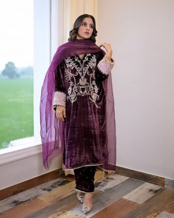 FASHIONABLE VELVET EMBROIDERY SEQUENCE LACE WORK TOP BOTTOM WITH DUPATTA WINE
