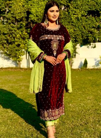 FASHIONABLE VELVET EMBROIDERY SEQUENCE MOTI WORK TOP BOTTOM WITH DUPATTA MAROON
