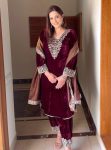 FASHIONABLE VELVET EMBROIDERY SEQUENCE WORK TOP BOTTOM WITH DUPATTA MAROON