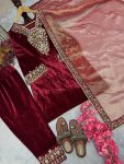 FASHIONABLE VELVET EMBROIDERY SEQUENCE WORK TOP BOTTOM WITH DUPATTA PARTY WEAR WHOLESALE PRICE ETHNIC GARMENT (3)