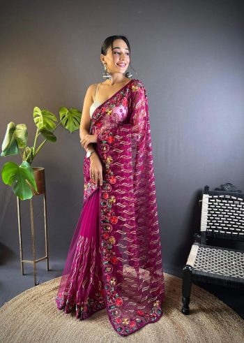 LATEST BUTTERFLY NET CHAIN STITCH WITH MULTY COLOR AND FOIL THREAD EMBROIDERY WORK SAREE WITH UNSTITCHED BLOUSE WINE