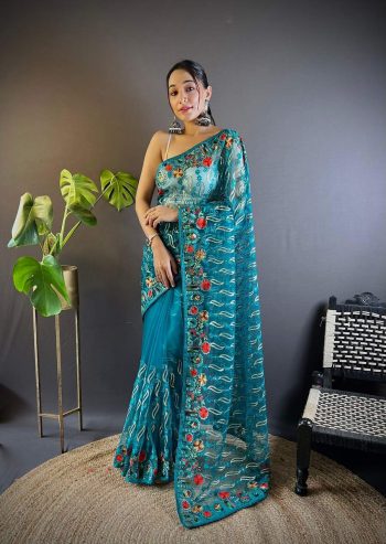LATEST BUTTERFLY NET CHAIN STITCH WITH MULTY COLOR AND FOIL THREAD EMBROIDERY WORK SAREE WITH UNSTITCHED BLOUSE  SKY