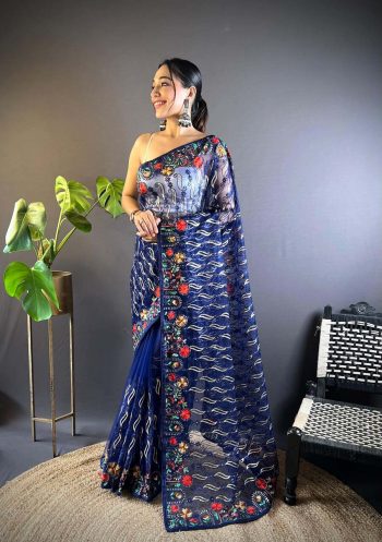 LATEST BUTTERFLY NET CHAIN STITCH WITH MULTY COLOR AND FOIL THREAD EMBROIDERY WORK SAREE WITH UNSTITCHED BLOUSE  BLUE