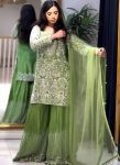 LATEST CHINON SILK EMBROIDERY SEQUENCE AND MOTI WORK TOP PALAZZO WITH DUPATTA PISTA