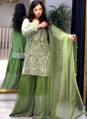 LATEST CHINON SILK EMBROIDERY SEQUENCE AND MOTI WORK TOP PALAZZO WITH DUPATTA PISTA