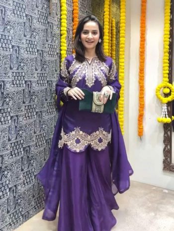 LATEST CHINON SILK EMBROIDERY SEQUENCE CODING WORK TOP PALAZZO WITH DUPATTA PURPLE